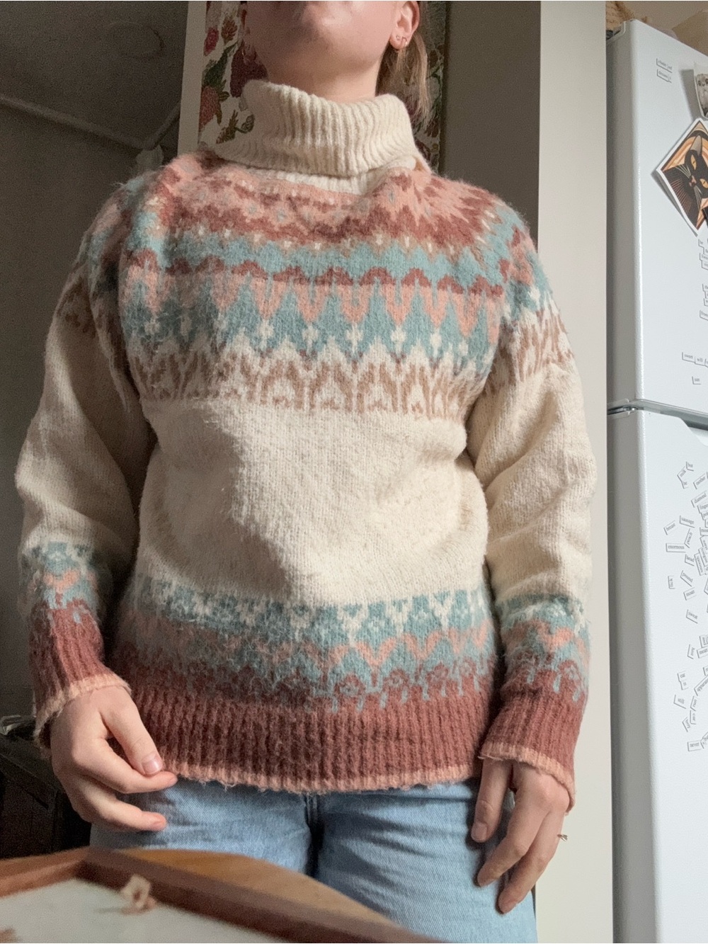 Turtleneck Fair Isle Sweater in Cream, Rust & Blue